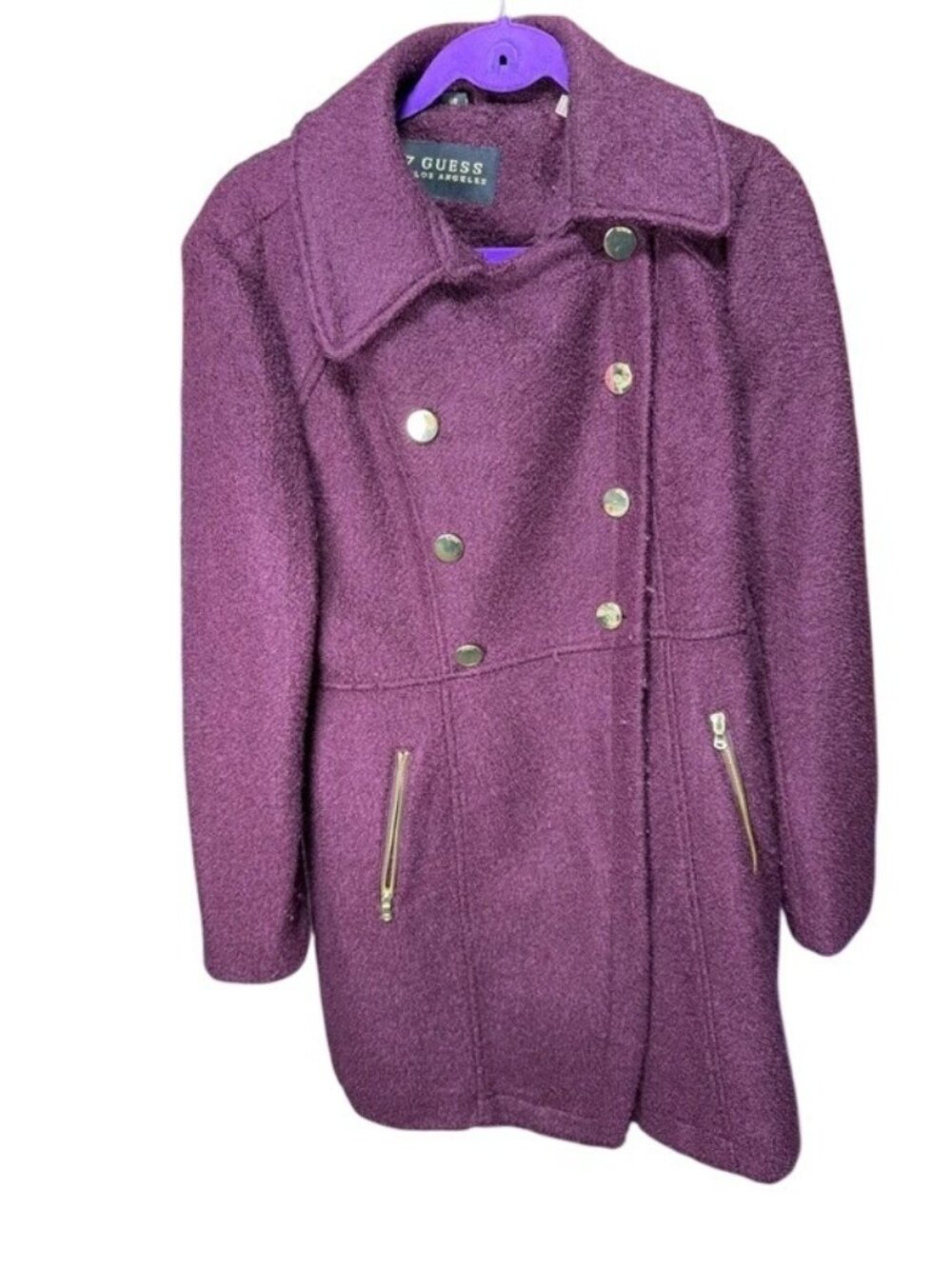 Guess Womens Double-Breasted Wool Blend Coat With Gold Buttons & Zippered Pocket